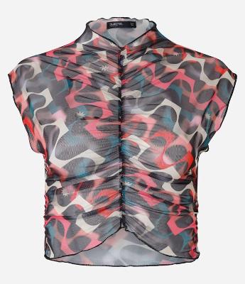 Blusa em Tule com Franzidinho e Estampa Abstrata