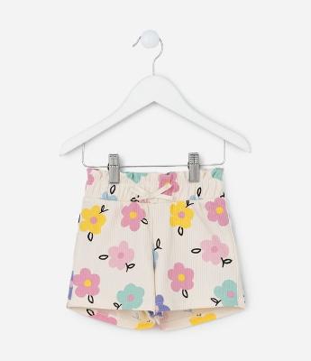 Short Infantil Canelado com Estampa Florzinhas - Tam 1 a 5 Anos