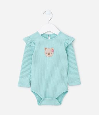 Body Infantil Canelado com Bordado de Ursinha - Tam 0 a 18 meses
