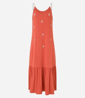 Vestido New Midi com Bordado de Coqueiros e Alças de Corda