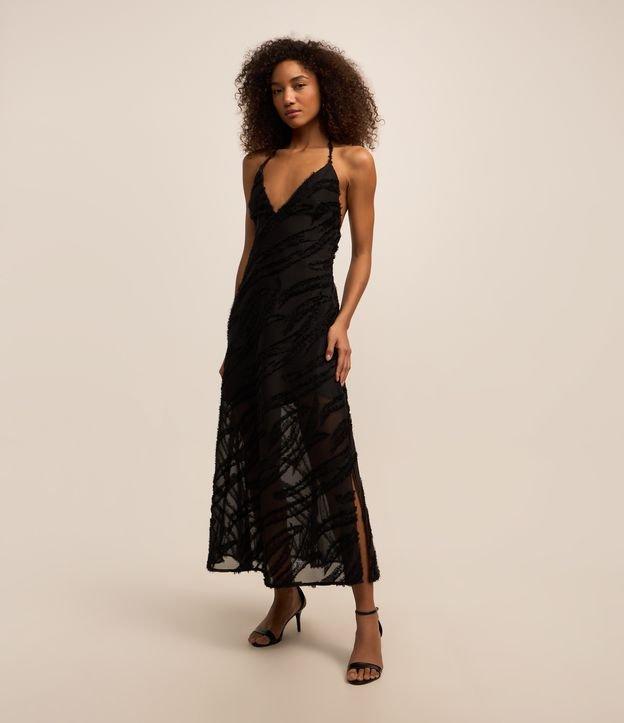 Vestido Frente Única Longo em Jacquard com Textura de Pelinhos - 1