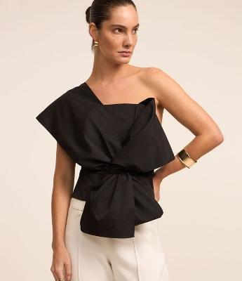 Blusa Ombro Só em Tricoline com Laço Grande