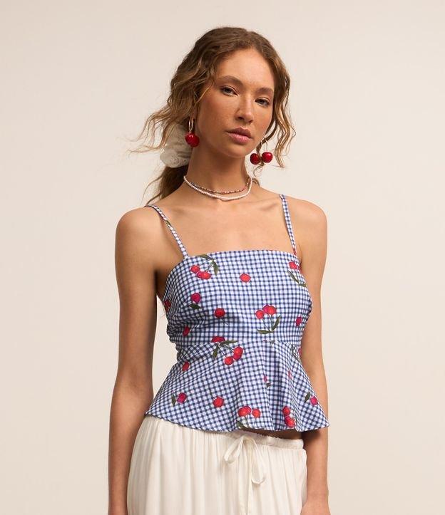 Blusa com Alça Fina em Tricoline com Estampa Xadrez e Cerejas - 2