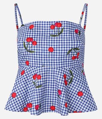 Blusa com Alça Fina em Tricoline com Estampa Xadrez e Cerejas