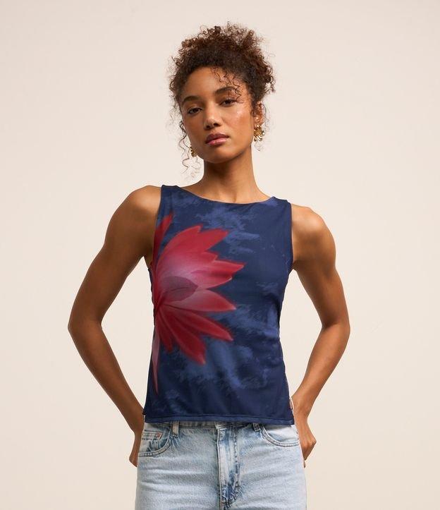 Blusa Sem Manga em Tule com Estampa de Flor de Lotus - 2