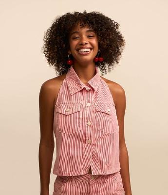 Top Frente Única em Sarja Listrada com Botões e Bolsos