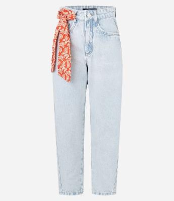 Calça Mom em Jeans Delavê com Lenço Floral Lateral