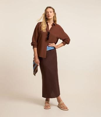 Saia Midi Em Linho Com Colissê No Cós