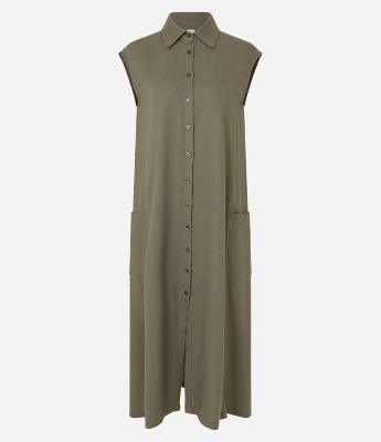 Vestido Chemise Plano com Linho e Botões