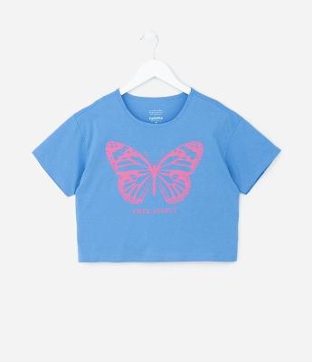Camiseta Cropped com Estampa Borboleta - Tam 5 a 14 Anos