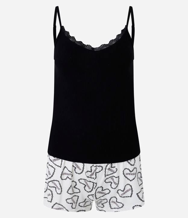 Pijama Short Doll Em Ribana Com Alças Finas E Estampa De Coração - 2
