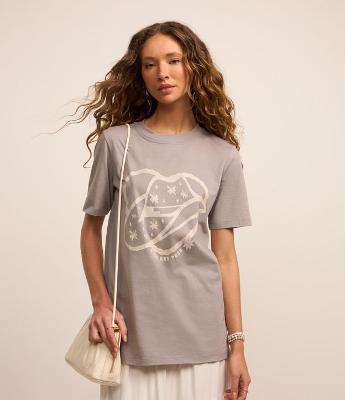 Camiseta Alongada em Algodão com Estampa de Chapéu