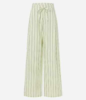 Calça Reta em Sarja Listrada e Cordão na Cintura