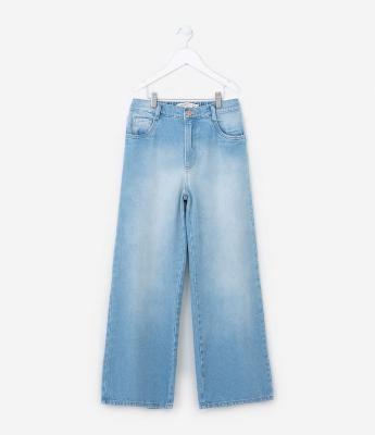 Calça Wide Leg Infantil em Jeans com Lavagem - Tam 5 a 14 Anos