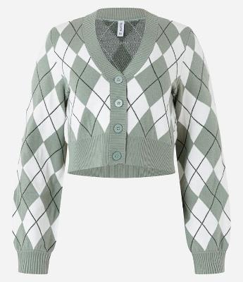Cardigan Cropped em Tricô Xadrez Argyle