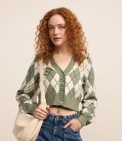 Cardigan Cropped em Tricô Xadrez Argyle - 2