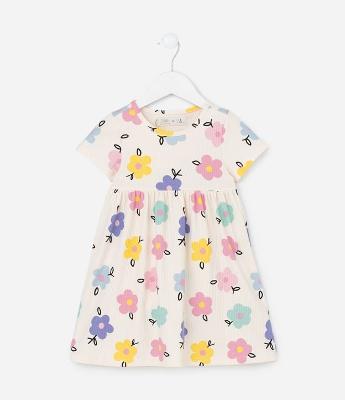 Vestido Infantil Canelado com Estampa Floral - Tam 1 a 5 Anos