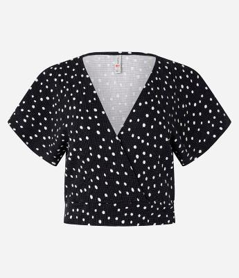 Blusa Curta Texturizada com Decote Transpassado e Estampa Poá