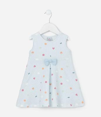 Vestido Infantil com Estampa de Listras e Corações - Tam 0 a 18 meses