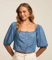 Blusa Curta em Jeans com Mangas Bufantes - 1