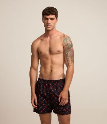 Cueca Samba Canção em Tricoline com Estampa de Cerejas