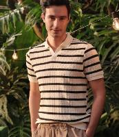 Camiseta Polo Regular em Algodão Listrada com Textura Efeito Crochê - 1