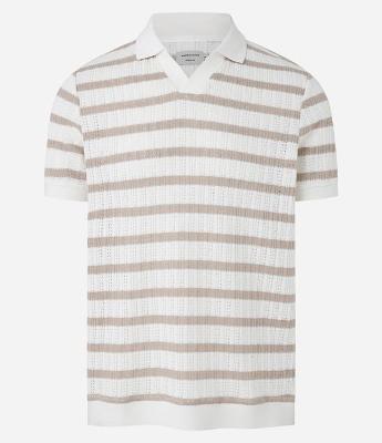 Camiseta Polo Regular em Algodão Listrada com Textura Efeito Crochê