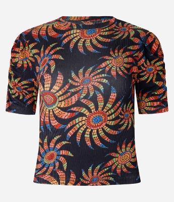 Blusa em Ribana com Estampa Floral e Franzidinhos