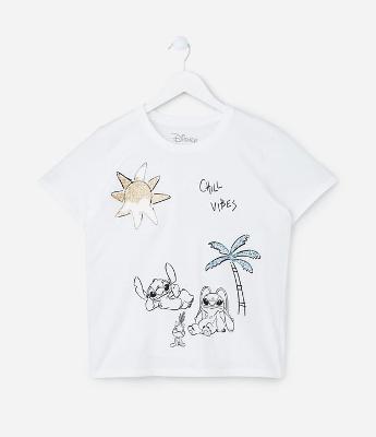 Blusa T-Shirt Infantil com Estampa Lilo & Stitch com Paetês - Tam 5 a 14 anos