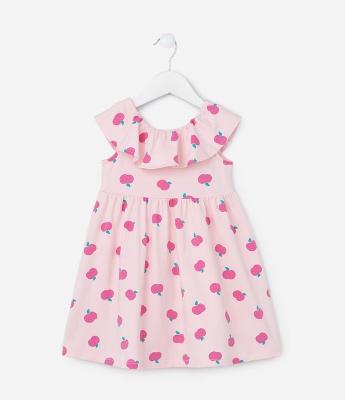 Vestido Infantil com Babado e Estampa Maçãs -Tam 1 a 6 Anos