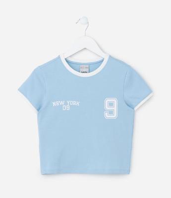 Blusa Baby Look Infantil em Cotton com Lettering Estilo College - Tam 7 a 14 anos