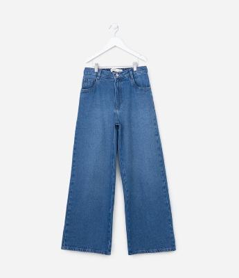 Calça Wide Leg Infantil em Jeans com Bolsinhos - Tam 5 a 14 Anos