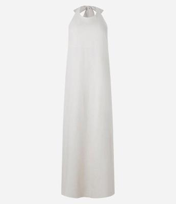 Vestido Longo Evasê em Viscolinho com Amarração no Pescoço