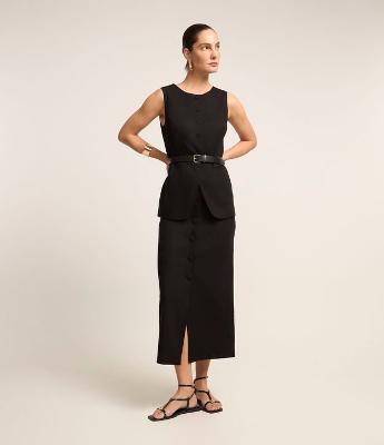 Saia em Linho com Botões Forrados Frontais