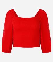 Blusa Cropped em Ribana com Flor Bordada na Manga Bufante - 1