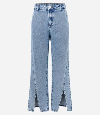 Calça Reta Jeans com Fenda Frontal