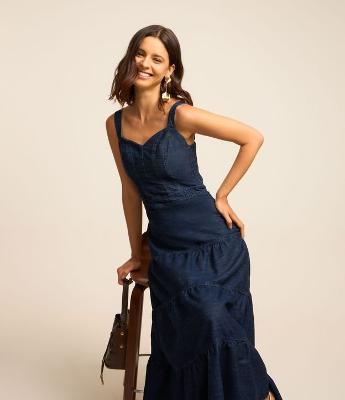 Vestido Long Midi em Jeans com Decote Coração e Babados