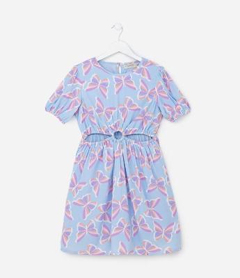 Vestido Infantil com Estampa de Borboleta e Detalhe na Cintura -Tam 5 a 14