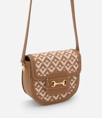 Bolsa Transversal Pequena em Algodão Estampa em Jacquard e Detalhe de Metal