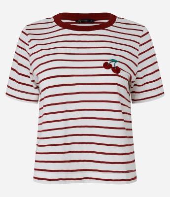 Blusa Listrada em Algodão com Cereja Bordada
