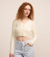 Cardigan Cropped em Tricô com Pelinho e Bolsos - 1