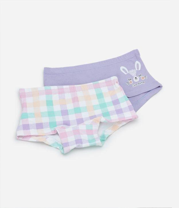 Kit 02 Calcinhas Boxer Infantis com Estampa Coelho e Xadrez - Tam 4 a 12 Anos - 1