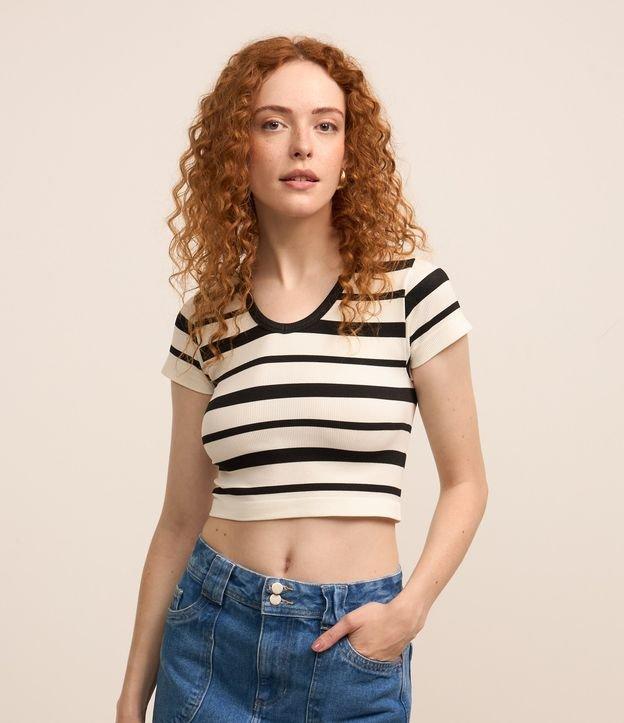 Blusa Cropped em Poliamida Seamless com Listras e Decote V - 1