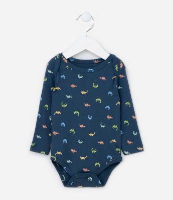 Body Infantil em Suedine com Estampa Mini Dinos - Tam RN a 18 meses