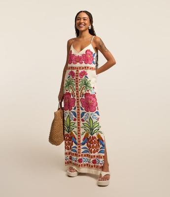 Vestido New Midi em Viscose e Linho com Estampa de Frutas e Flores