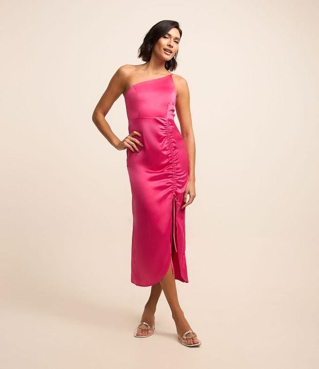 Vestido New Midi em Cetim com Franzidinho e Fenda - 1