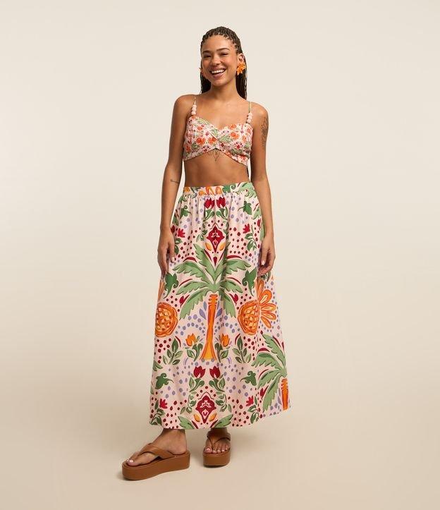Saia New Midi em Viscose e Linho com Estampa Tropical - 1