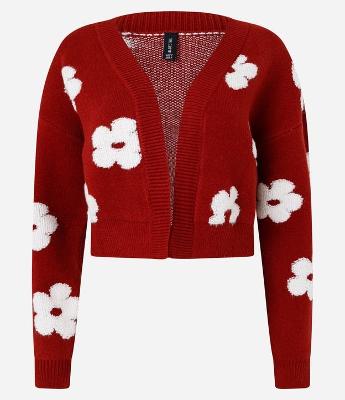 Cardigan Cropped em Jacquard com Florzinhas Atoalhadas