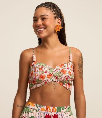 Blusa Cropped em Linho com Alcinhas Finas Estampa Tropical