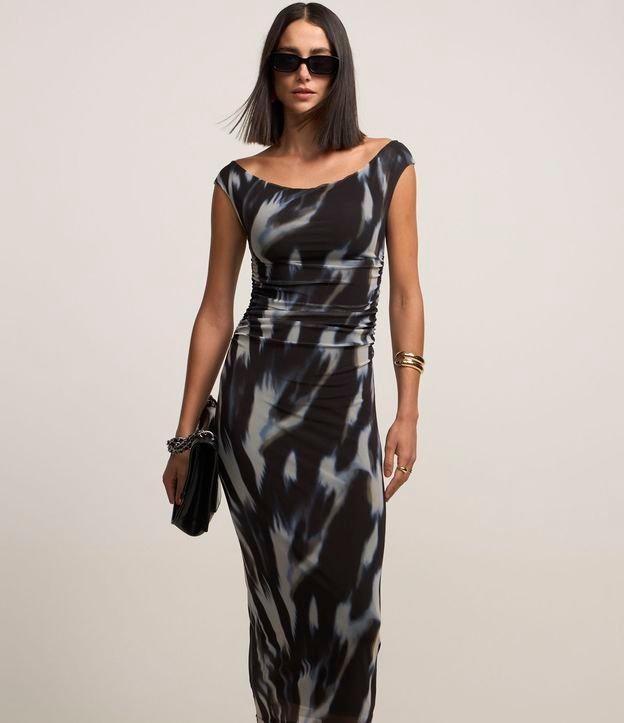 Vestido Midi Ombro a Ombro com Tule Estampado e Drapeado frontal - 1